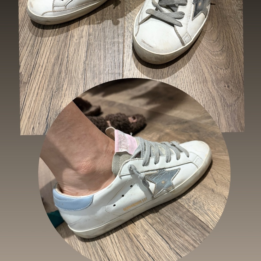 Golden Goose White Sneakers with Gray Star and Blue Heel
